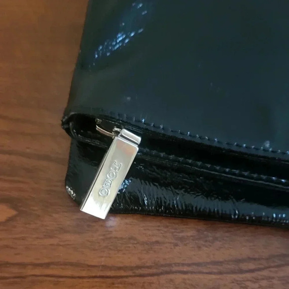 HOBO International Fold-over Black Patent Leather Clutch Silver Buckle Accent - Picture 7 of 10